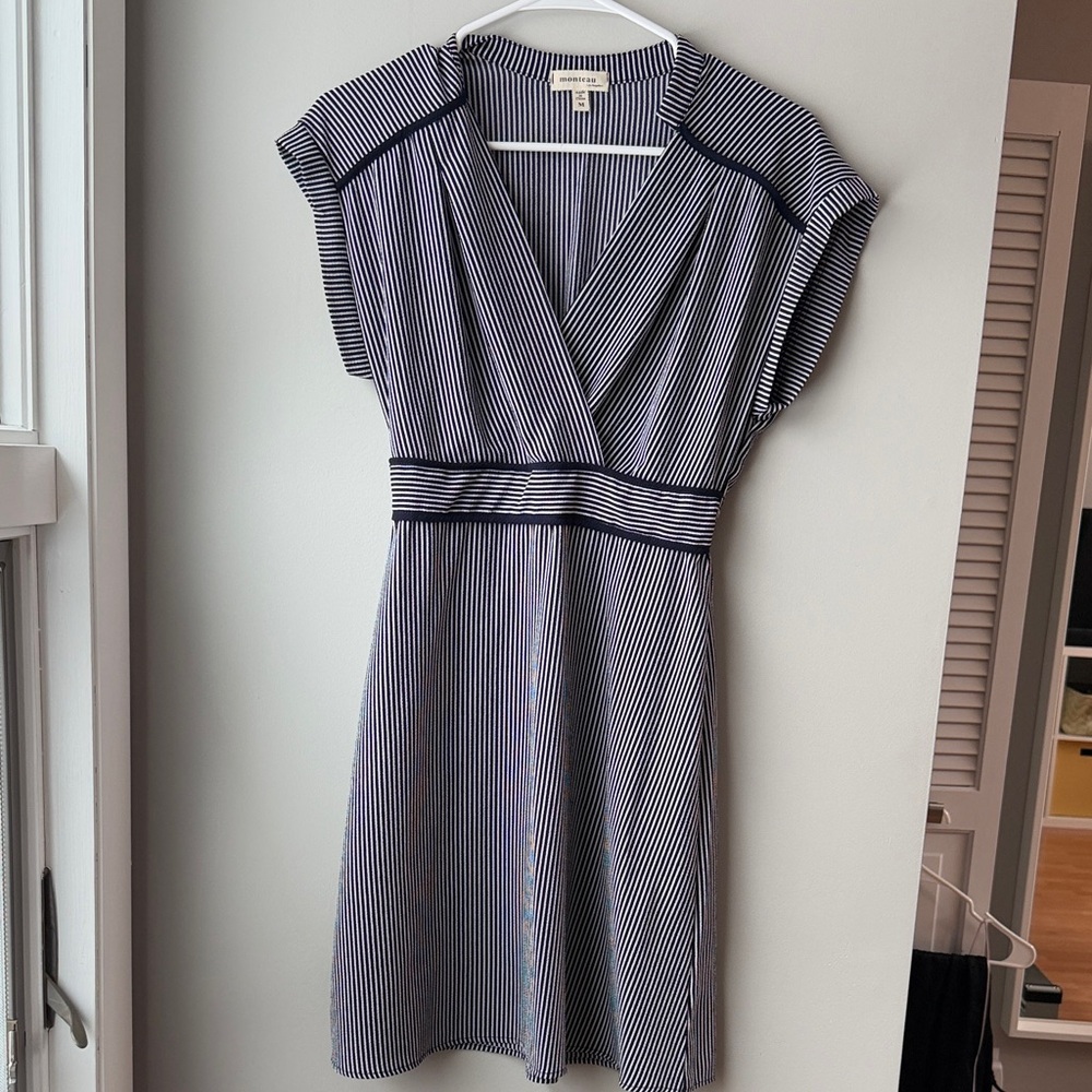 Monteau Navy and White Striped Midi Dress